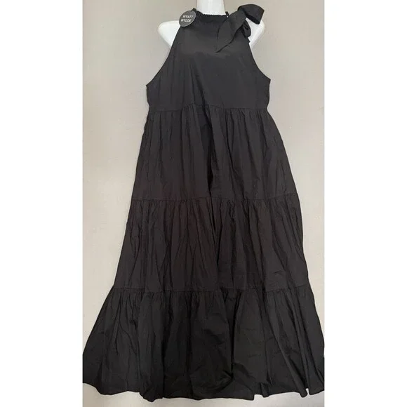 WYATT WYLDE Maxi Dress Large L Black Womens Helena Tie Neck Pockets Cotton New - Picture 3 of 13